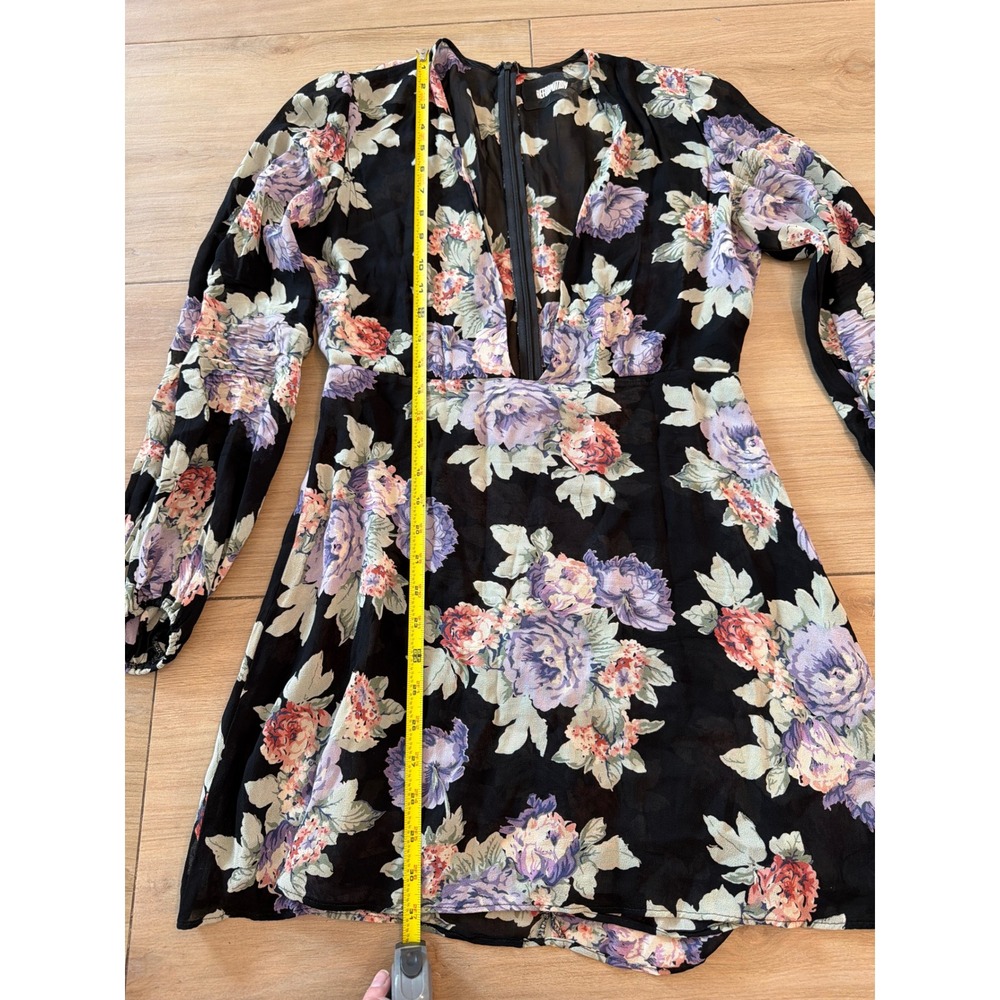 Reformation Floral Mini Dress Black Purple Long Sleeve V-Neck Fit & Flare - Picture 6 of 8